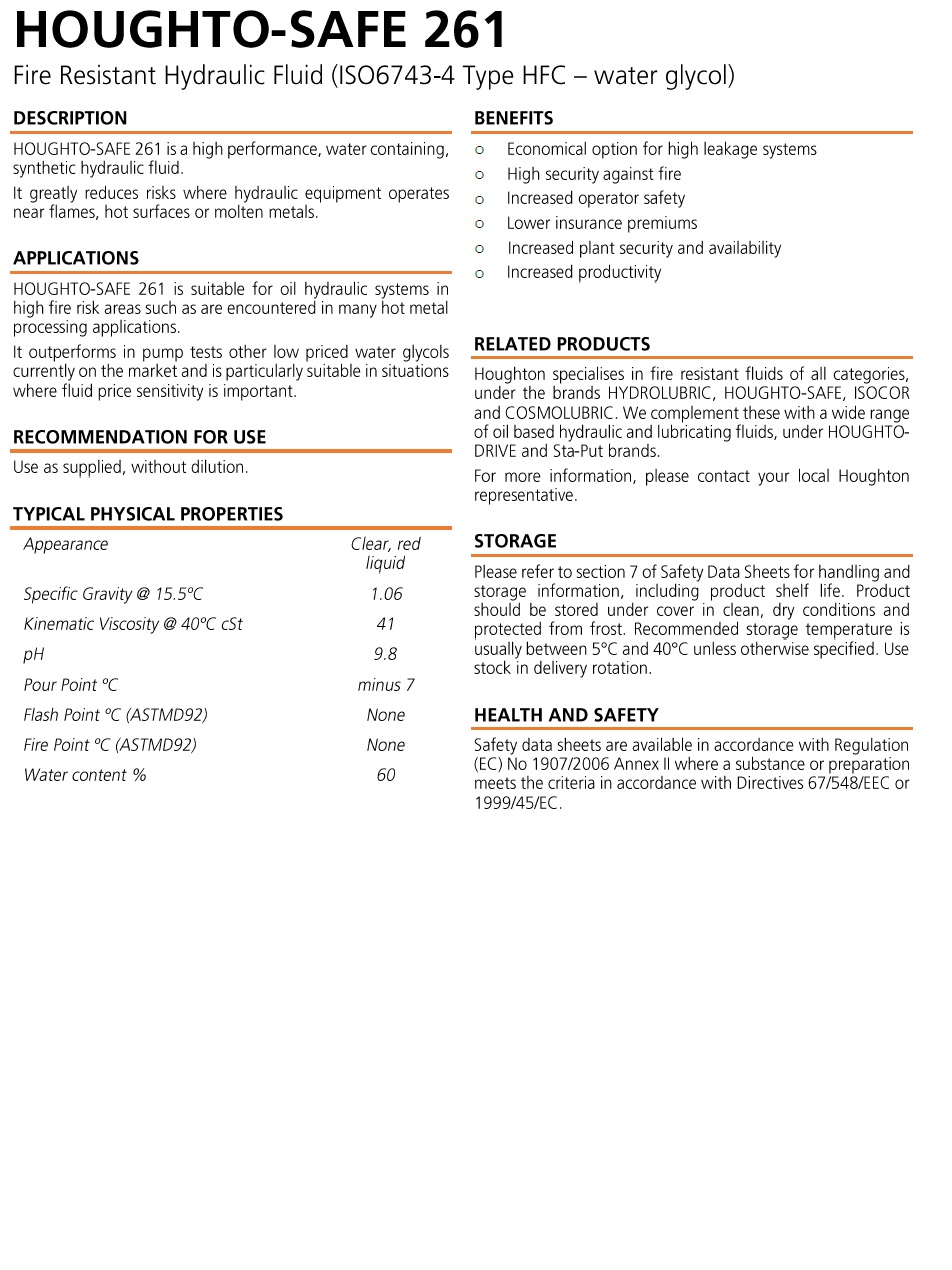 Fluid hidraulic neinflamabil Houghto-Safe 261 tip HFC apa-glicol